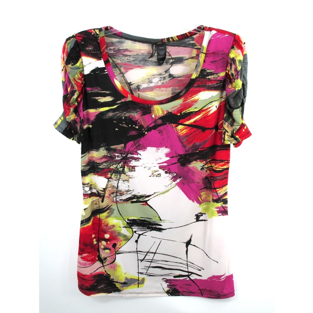 Bisou Bisou Women XL Multicolor Abstract Vintage Artsy Ruched Pullover Blouse